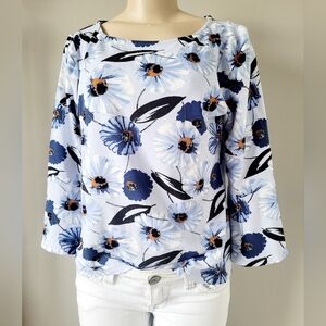 Ann Taylor Women's Rayon Blend Floral Blouse Bell Sleeve Baby Blue/Black Medium